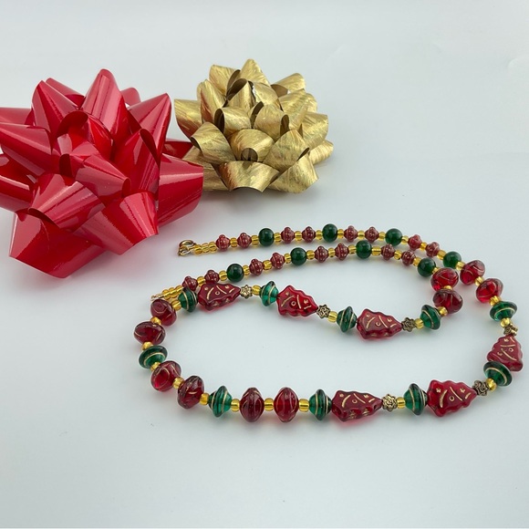 Host Pick! Christmas Tree Necklace & Earrings Set, Handmade, Vintage Glass Beads - Picture 5 of 10